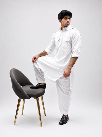 Men's Classic White Pathani Set | Premium Cotton Blend Ethnic Wear