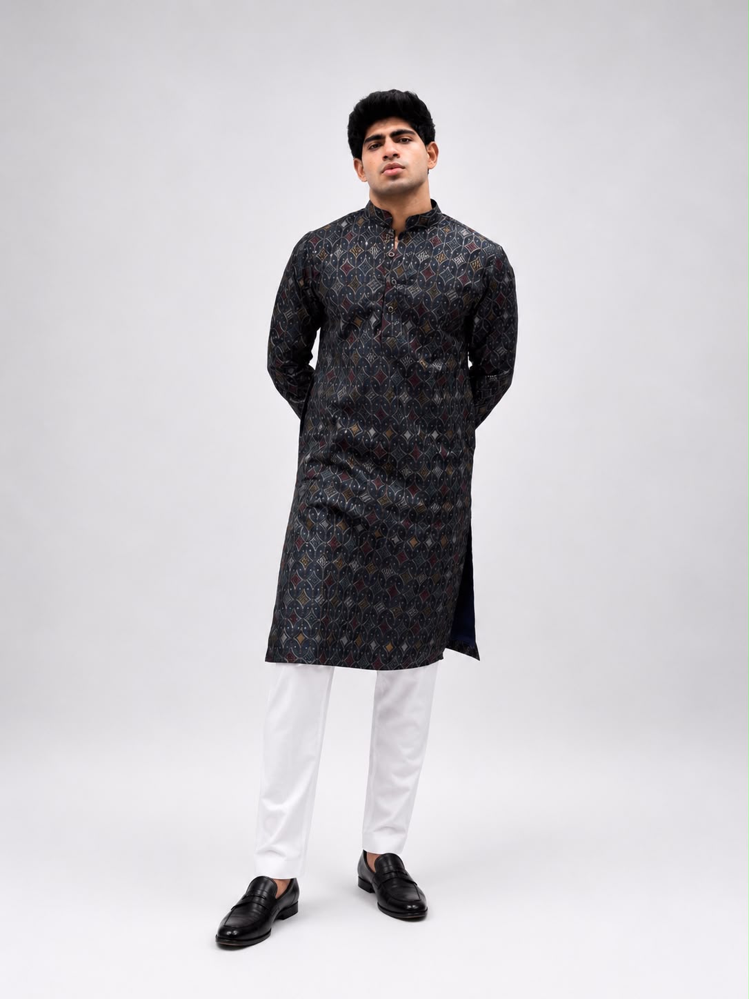 Navy Blue  Printed Kurta with White Trousers – Sophisticated Ethnic Elegance