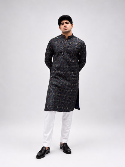 Navy Blue  Printed Kurta with White Trousers – Sophisticated Ethnic Elegance
