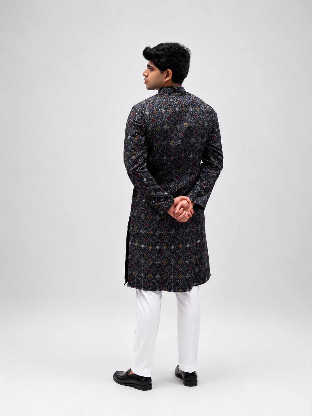 Navy Blue  Printed Kurta with White Trousers – Sophisticated Ethnic Elegance