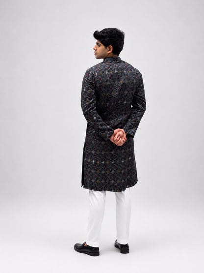 Navy Blue  Printed Kurta with White Trousers – Sophisticated Ethnic Elegance