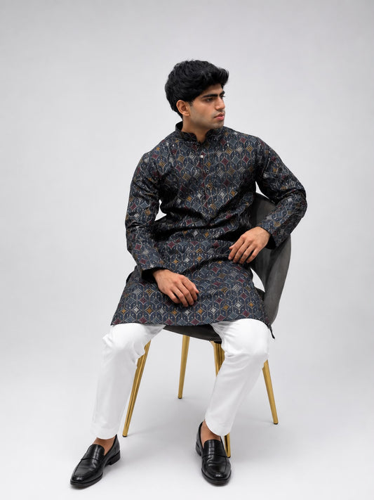 Navy Blue  Printed Kurta with White Trousers – Sophisticated Ethnic Elegance