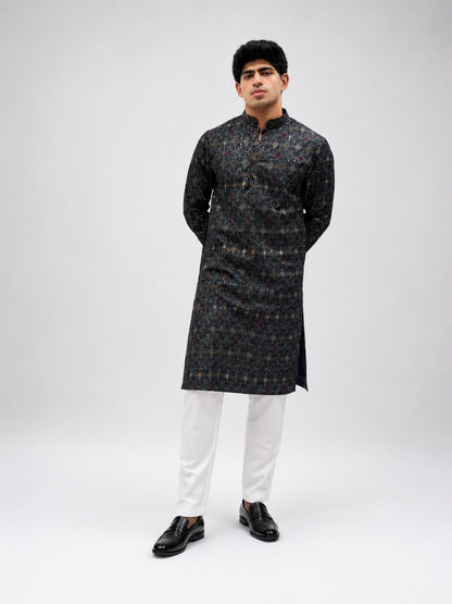Navy Blue  Printed Kurta with White Trousers – Sophisticated Ethnic Elegance