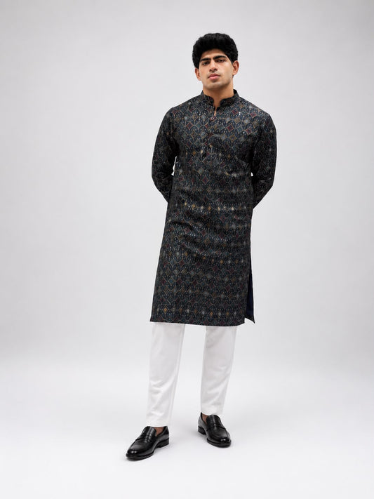 Navy Blue  Printed Kurta with White Trousers – Sophisticated Ethnic Elegance