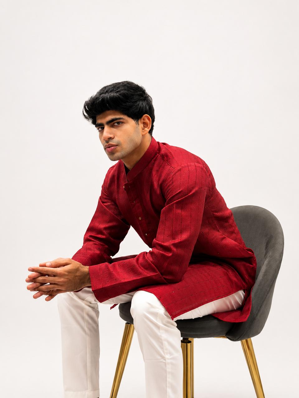 Men's Maroon Textured Ethnic Kurta with Of White Pant