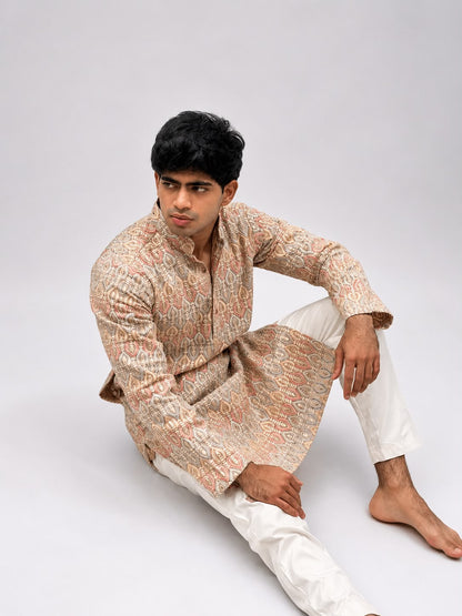 Men's Beige Thread Work Kurta Set | Premium Embroidered Ethnic Wear