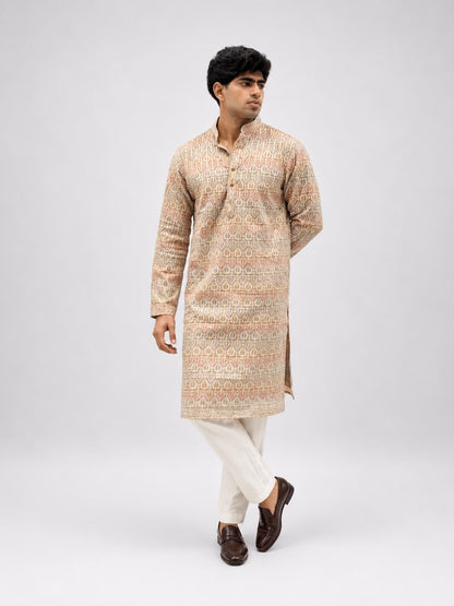 Men's Beige Thread Work Kurta Set | Premium Embroidered Ethnic Wear