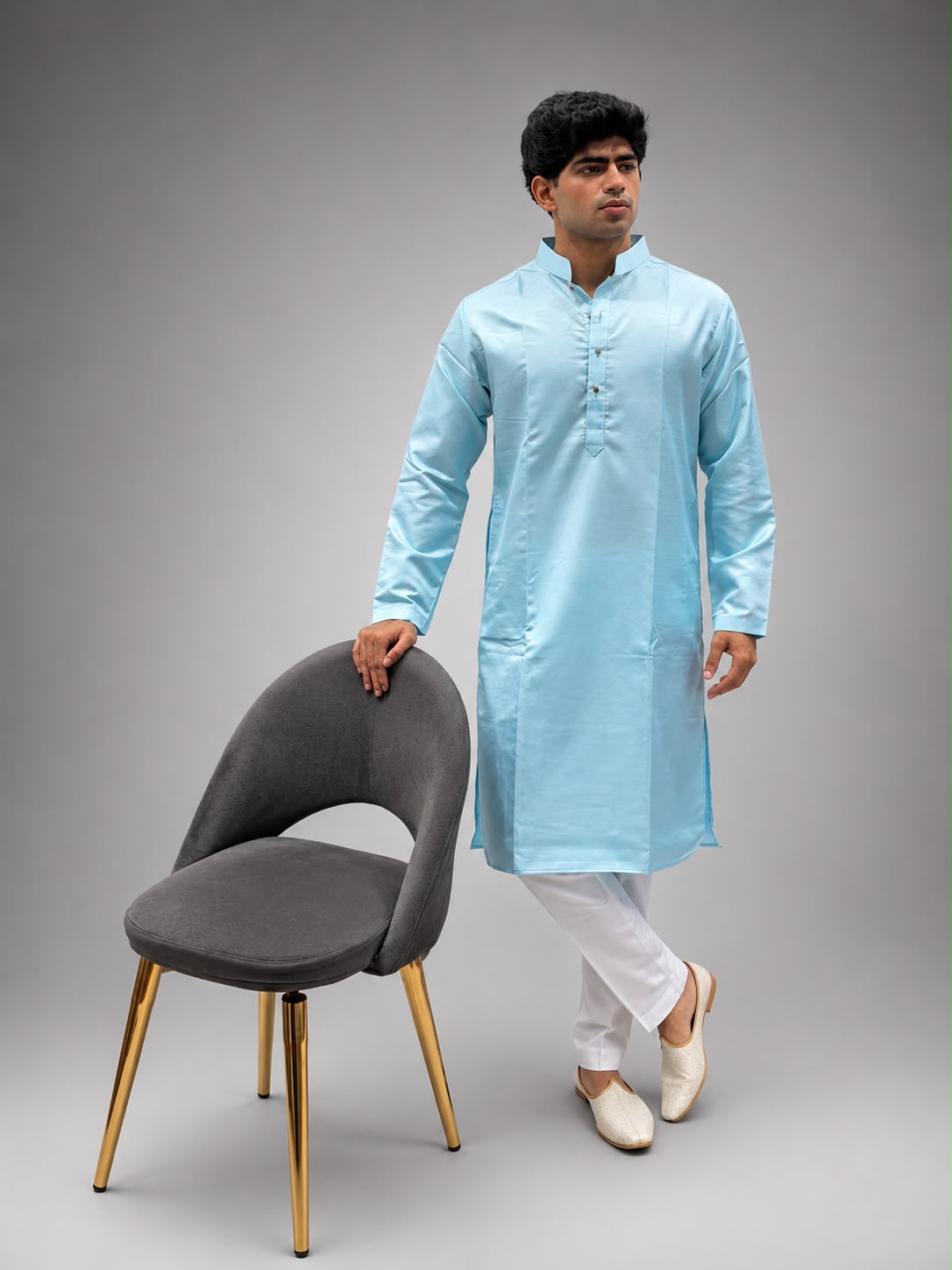 Sky Blue Kurta, White Trouser & Off-White Embroidered Nehru Jacket Set