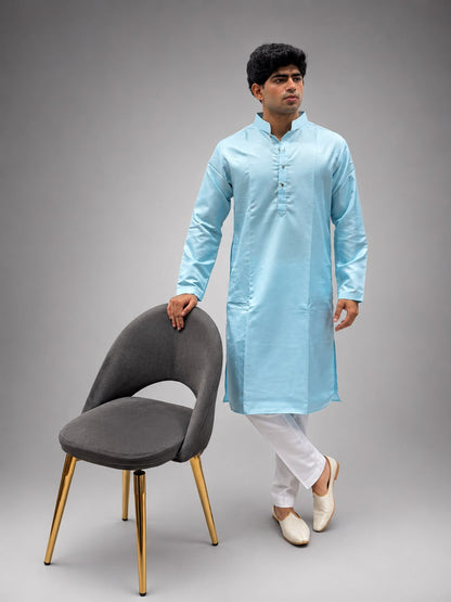 Sky Blue Kurta, White Trouser & Off-White Embroidered Nehru Jacket Set