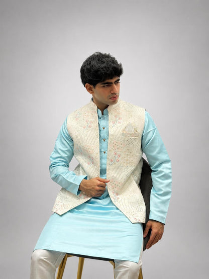 Sky Blue Kurta, White Trouser & Off-White Embroidered Nehru Jacket Set