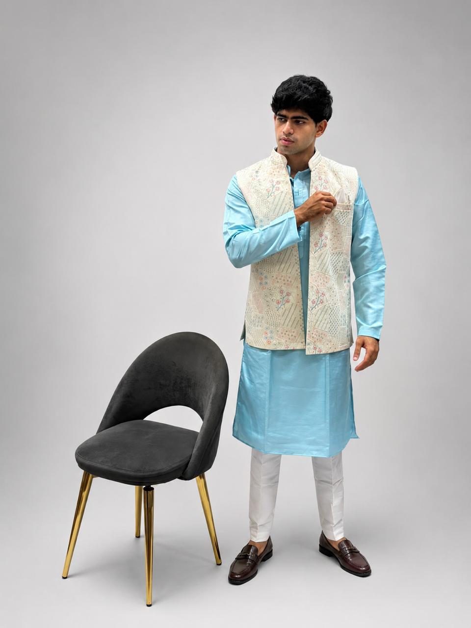 Sky Blue Kurta, White Trouser & Off-White Embroidered Nehru Jacket Set