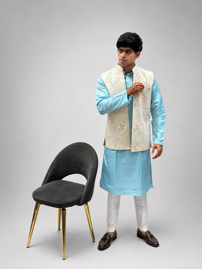 Sky Blue Kurta, White Trouser & Off-White Embroidered Nehru Jacket Set