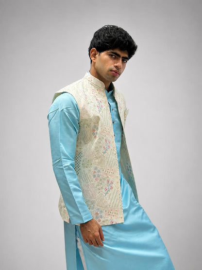 Sky Blue Kurta, White Trouser & Off-White Embroidered Nehru Jacket Set