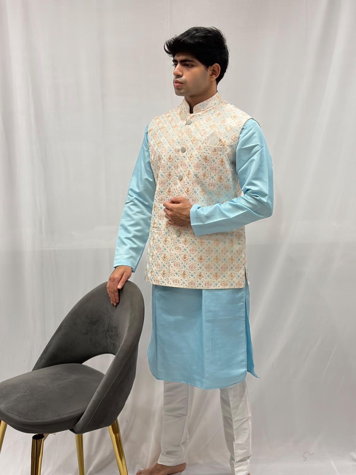 Sky Blue Kurta with White Trouser Pastel Embroidered Nehru Jacket Set