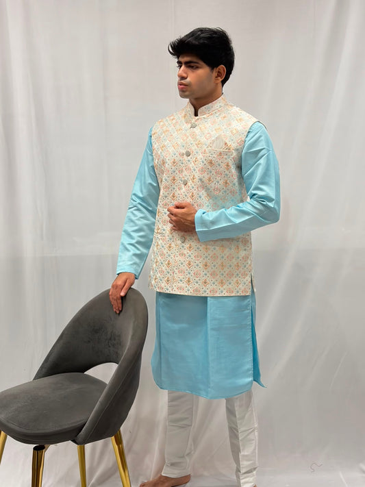 Sky Blue Kurta with White Trouser Pastel Embroidered Nehru Jacket Set