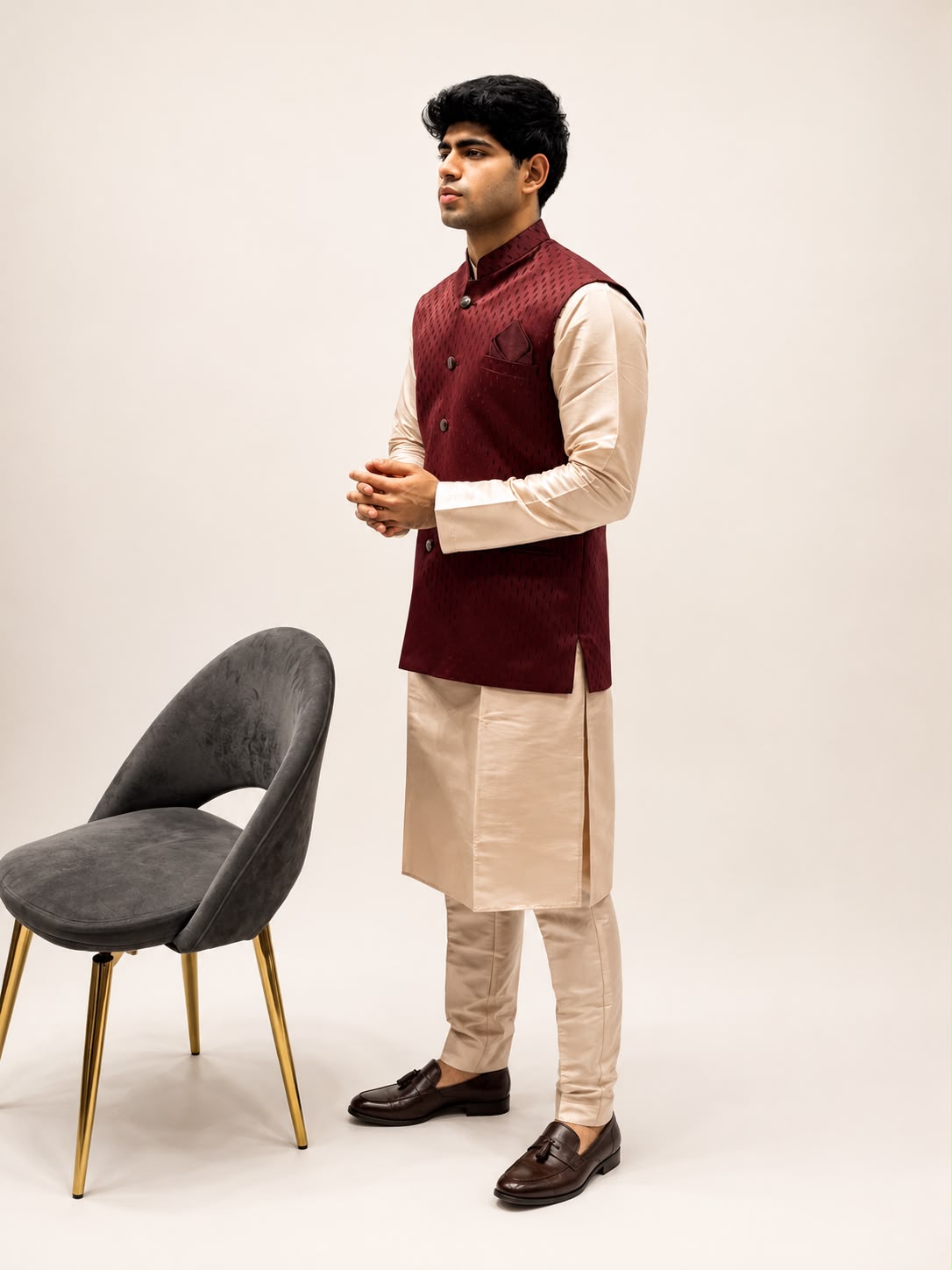 Beige Kurta Pajama with Maroon Textured Nehru Jacket Set for Men
