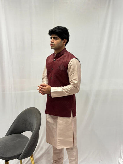 Beige Kurta Pajama with Maroon Textured Nehru Jacket Set for Men