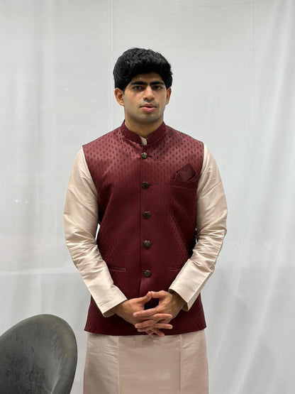 Beige Kurta Pajama with Maroon Textured Nehru Jacket Set for Men
