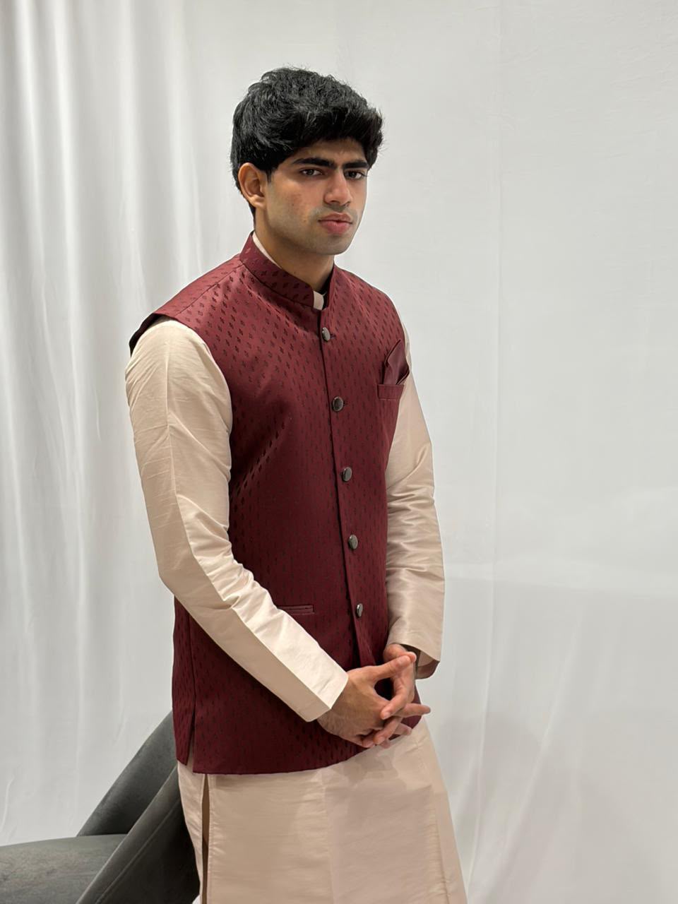 Beige Kurta Pajama with Maroon Textured Nehru Jacket Set for Men