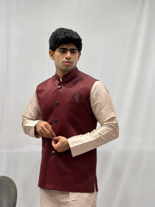 Beige Kurta Pajama with Maroon Textured Nehru Jacket Set for Men