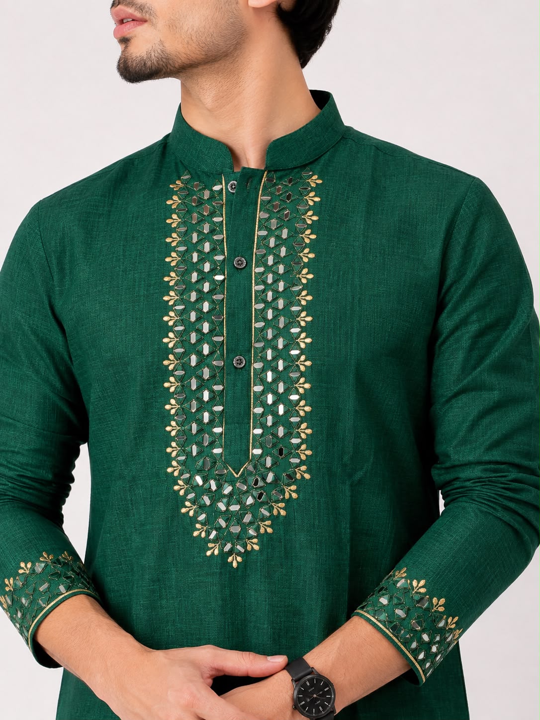 Men's Emerald Green Embroidered Cotton Blend Kurta