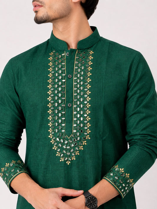 Men's Emerald Green Embroidered Cotton Blend Kurta