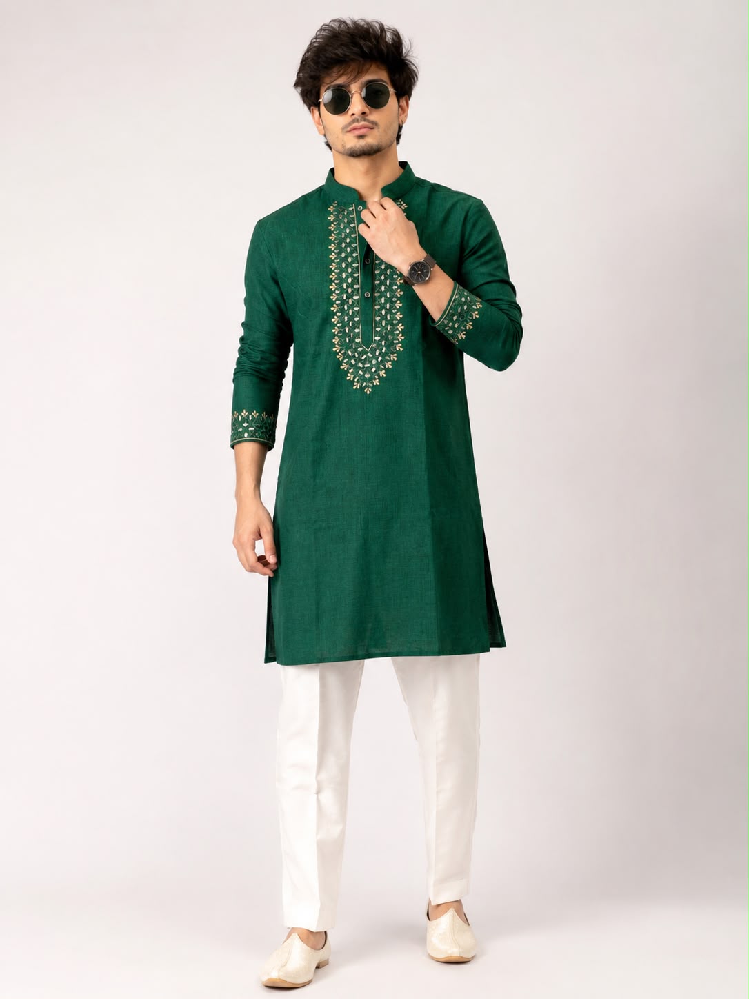Men's Emerald Green Embroidered Cotton Blend Kurta