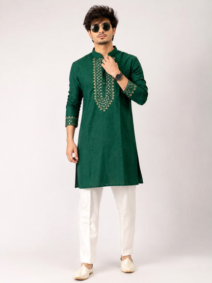 Men's Emerald Green Embroidered Cotton Blend Kurta