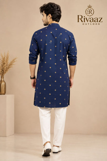 Navy Blue Golden Butti Printed Cotton  only Kurta for Men