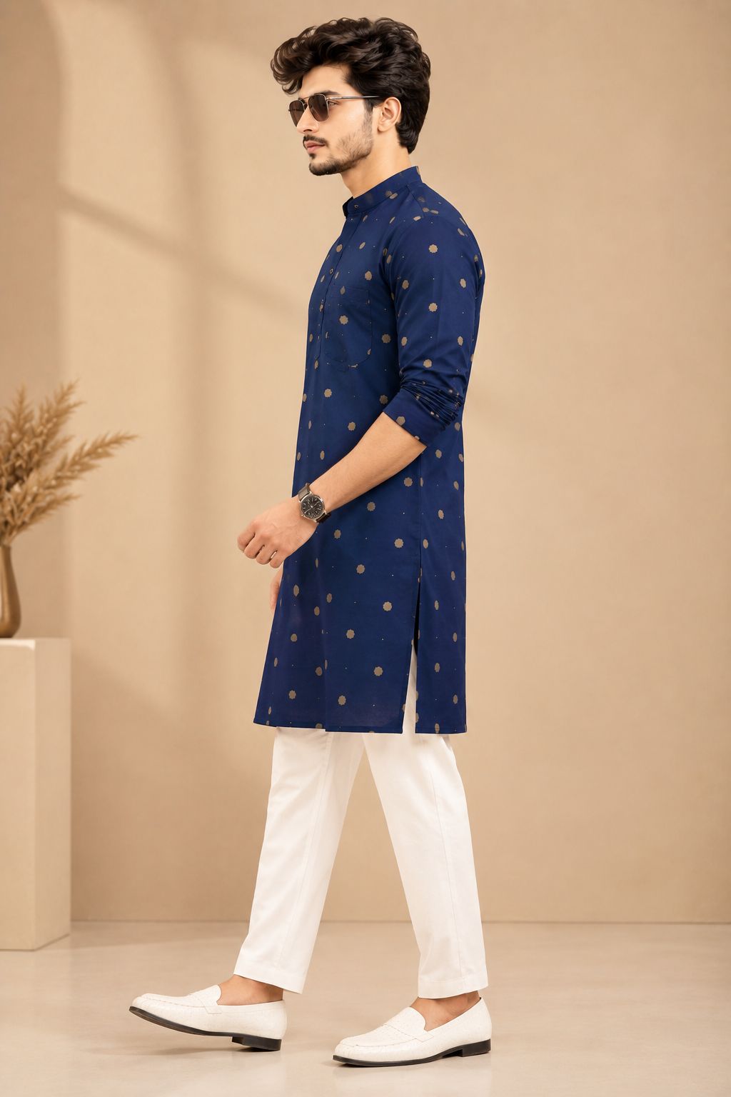 Navy Blue Golden Butti Printed Cotton  only Kurta for Men