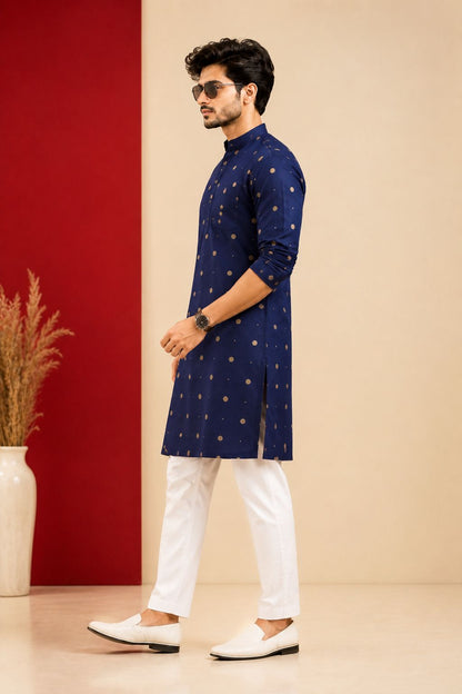 Navy Blue Golden Butti Printed Cotton  only Kurta for Men
