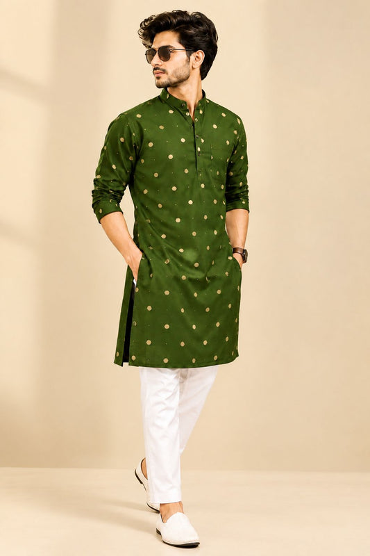 Olive Green Cotton Onil Printed Kurta for Men