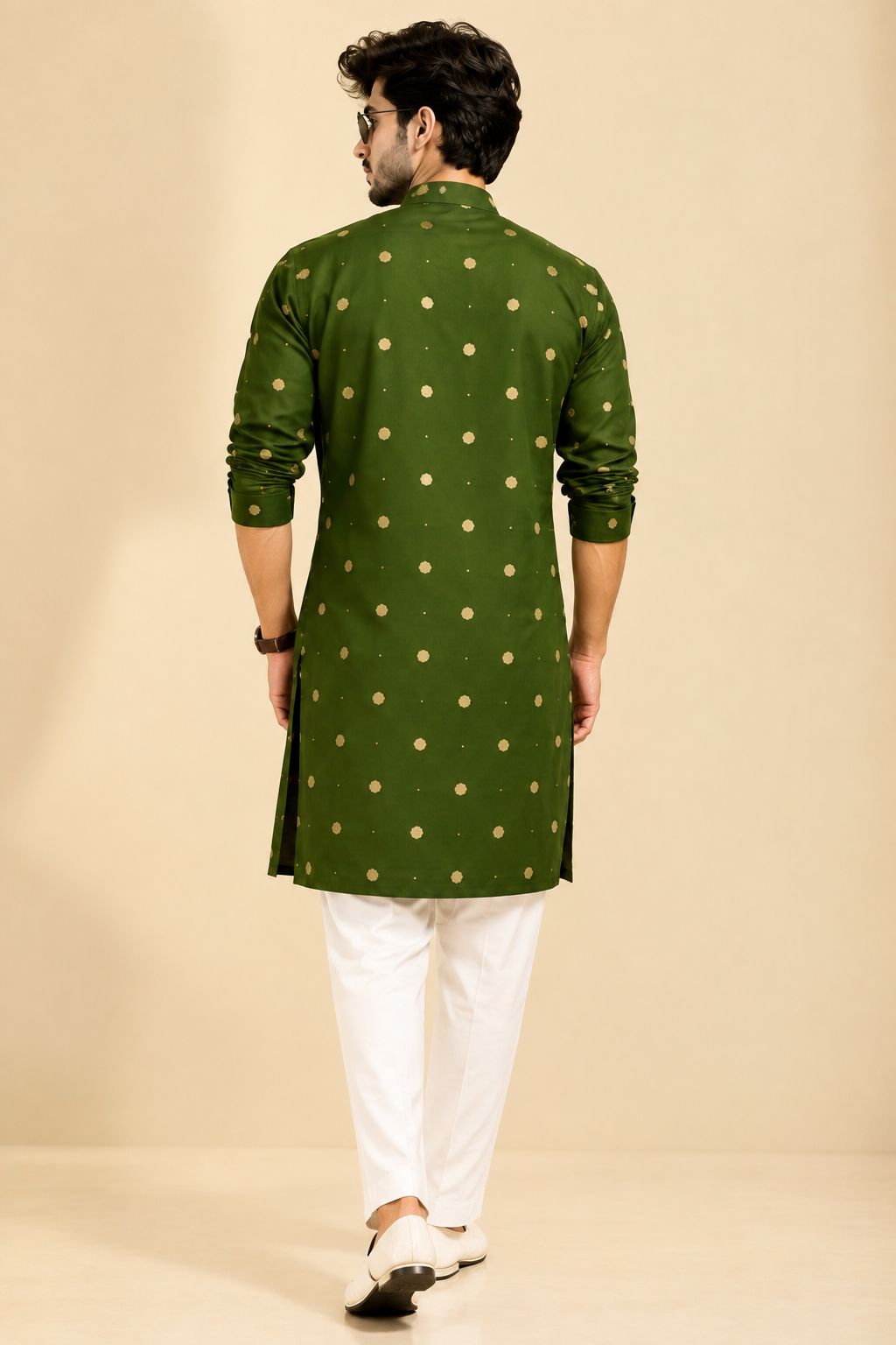 Olive Green Cotton Onil Printed Kurta for Men