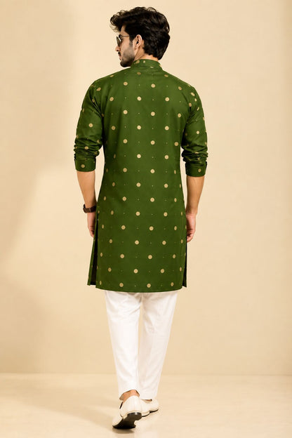 Olive Green Cotton Onil Printed Kurta for Men