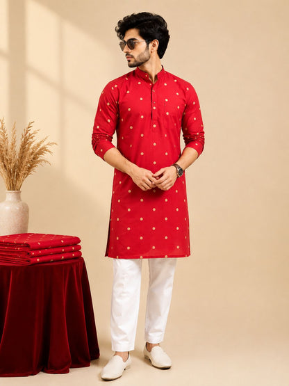 Red Cotton  Golden Butti Onil Kurta for Men