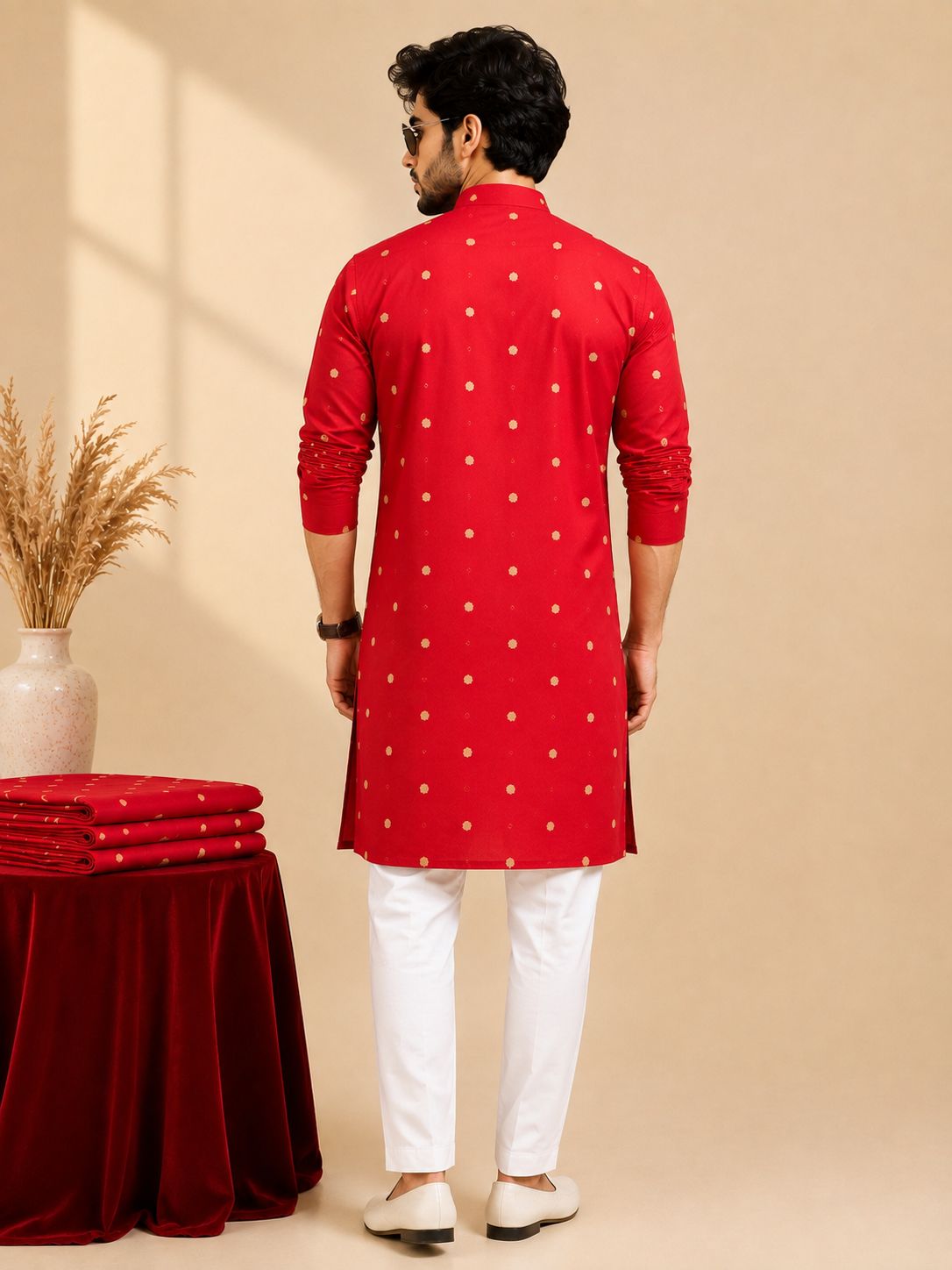 Red Cotton  Golden Butti Onil Kurta for Men
