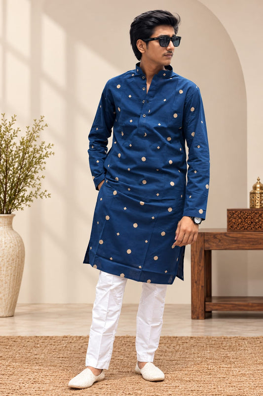 Navy Blue Golden Butti Printed Cotton  only Kurta for Men