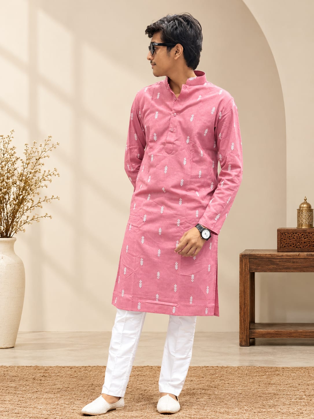 Men’s Cotton Onil Pink Printed Kurta