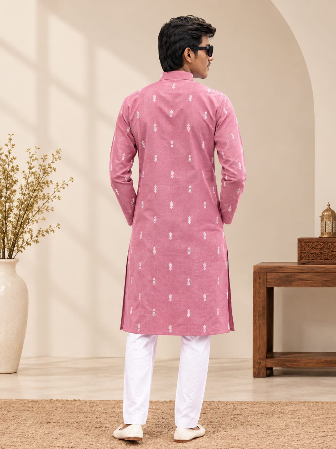 Men’s Cotton Onil Pink Printed Kurta
