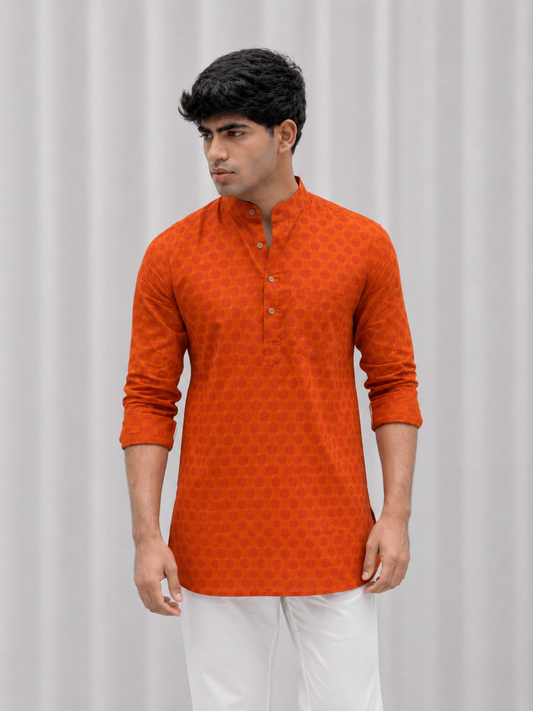 Orange Printed Cotton Linen Short Kurta Only
